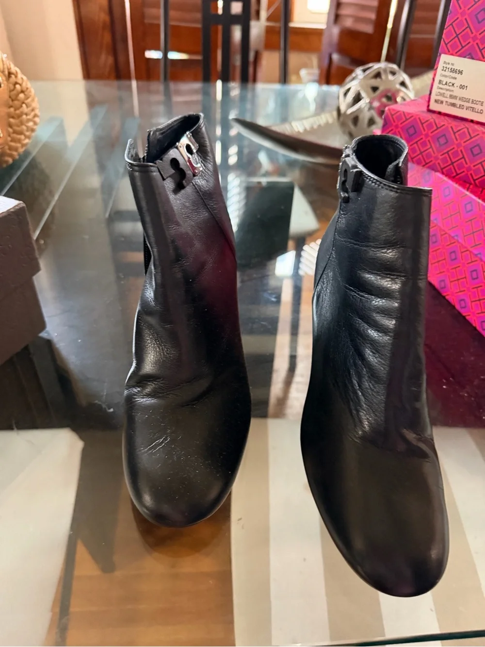 Tory Burch Black Leather Wedge Ankle Boots with Logo Accent